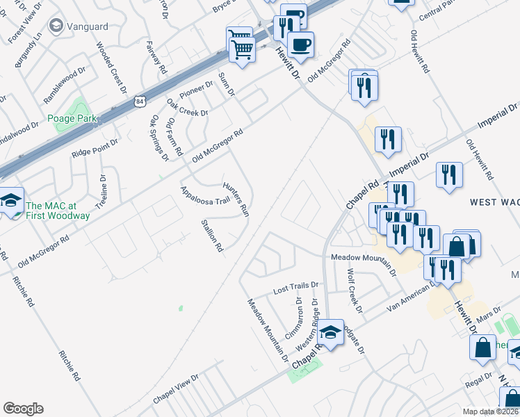 map of restaurants, bars, coffee shops, grocery stores, and more near 148 Painted Horse Trail in Waco
