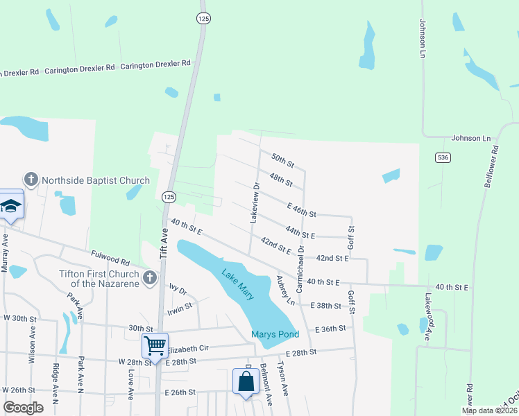 map of restaurants, bars, coffee shops, grocery stores, and more near 709 44th Street East in Tifton