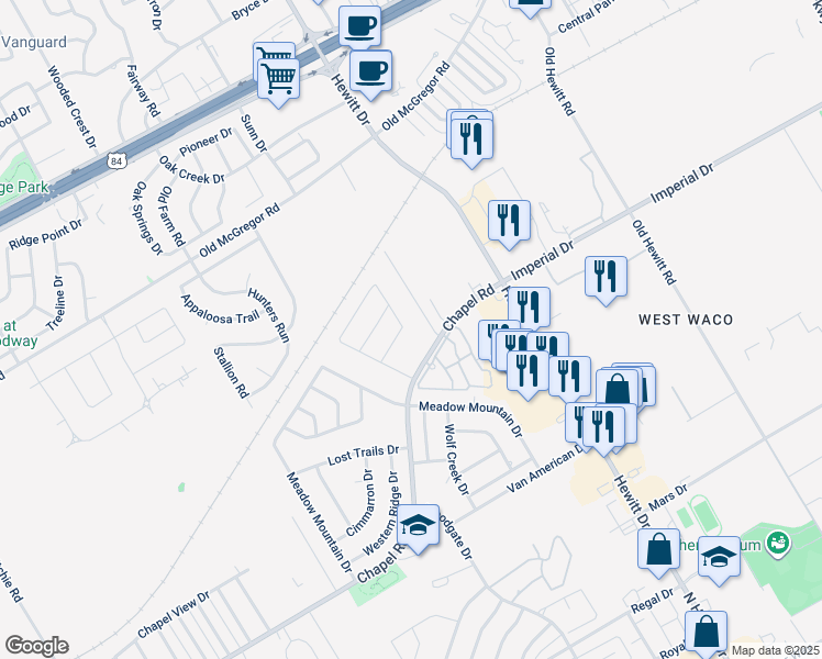 map of restaurants, bars, coffee shops, grocery stores, and more near 901 Telluride Drive in Waco