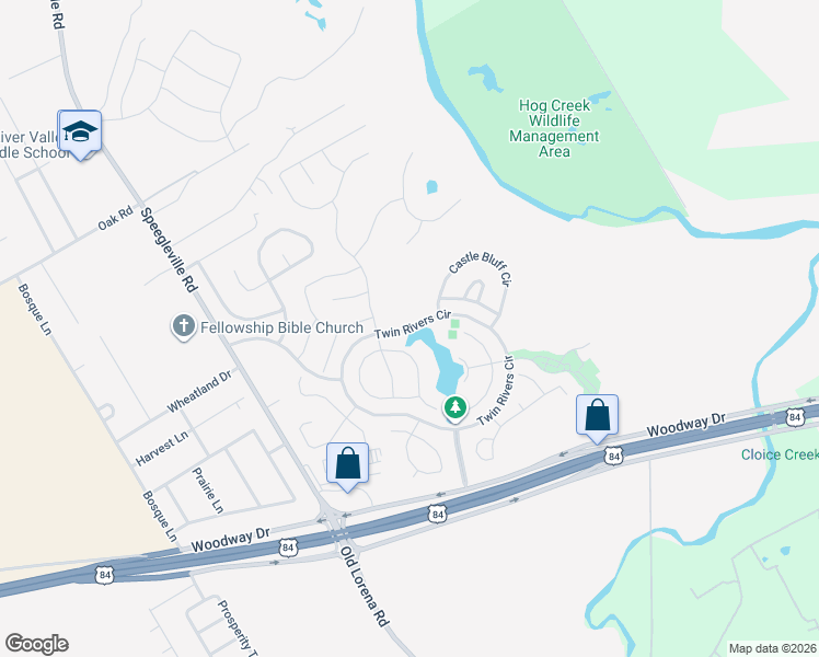 map of restaurants, bars, coffee shops, grocery stores, and more near Twin Rivers Cir in Waco