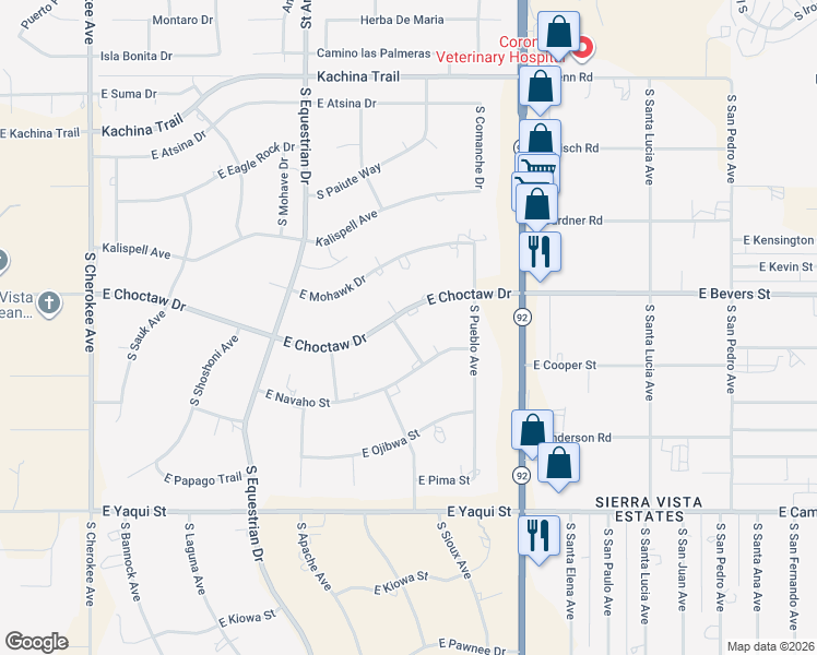 map of restaurants, bars, coffee shops, grocery stores, and more near 3520 East Choctaw Drive in Sierra Vista