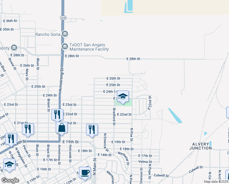map of restaurants, bars, coffee shops, grocery stores, and more near 1199 E 24th 1/2 St in San Angelo