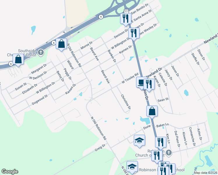 map of restaurants, bars, coffee shops, grocery stores, and more near 301 West Tinsley Road in Robinson