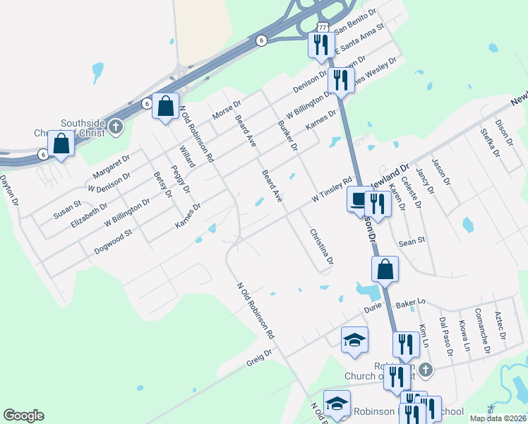 map of restaurants, bars, coffee shops, grocery stores, and more near 301 West Tinsley Road in Robinson