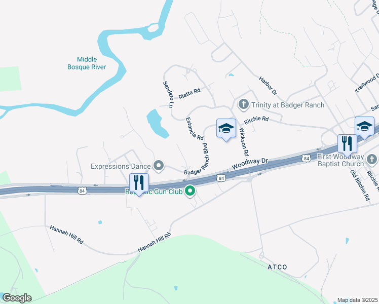 map of restaurants, bars, coffee shops, grocery stores, and more near 15031 Badger Ranch Blvd in Waco