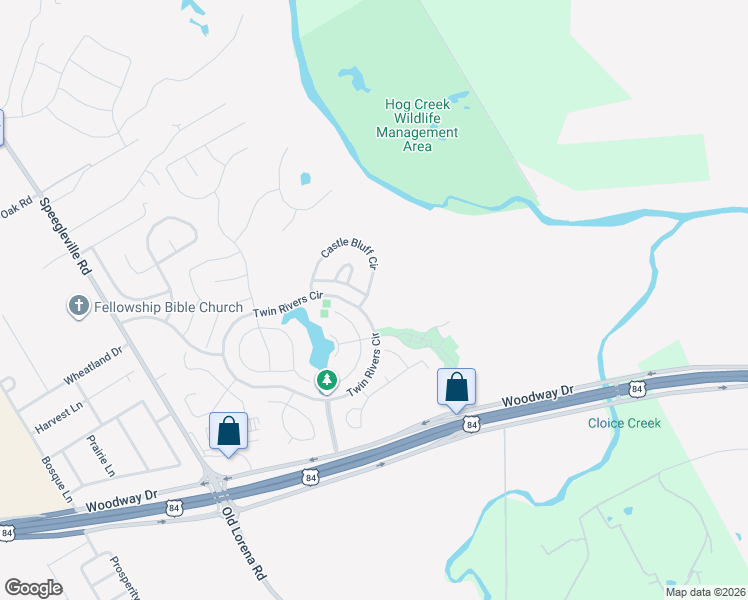 map of restaurants, bars, coffee shops, grocery stores, and more near Twin Rivers Circle in Waco