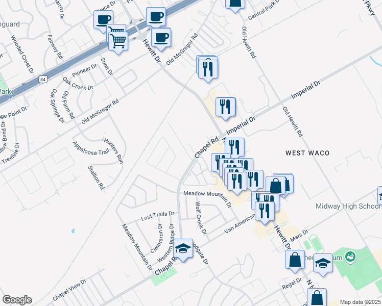 map of restaurants, bars, coffee shops, grocery stores, and more near 205 Chapel Trail Circle in Waco
