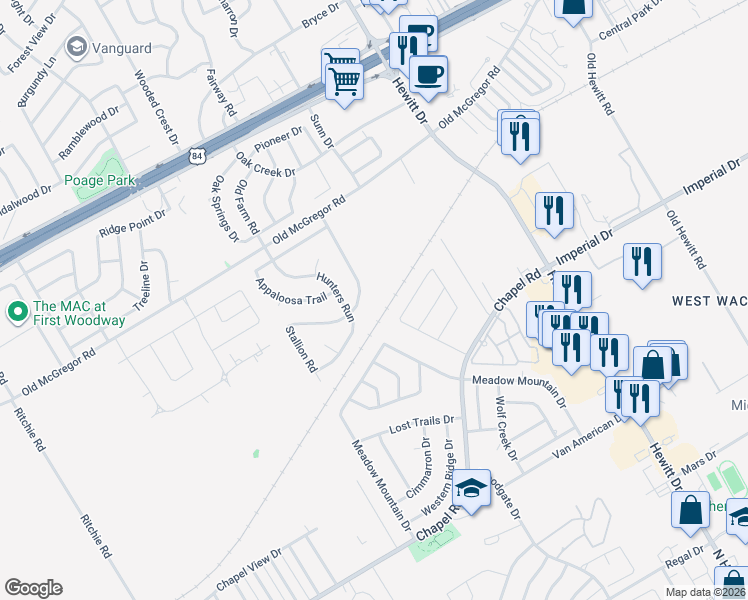 map of restaurants, bars, coffee shops, grocery stores, and more near 148 Painted Horse Trail in Waco