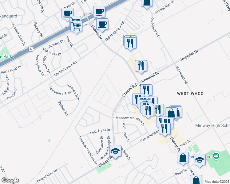 map of restaurants, bars, coffee shops, grocery stores, and more near 300 Chapel Trail Circle in Waco