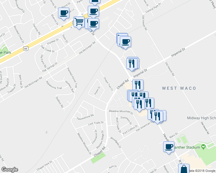 map of restaurants, bars, coffee shops, grocery stores, and more near 901 Telluride Drive in Waco