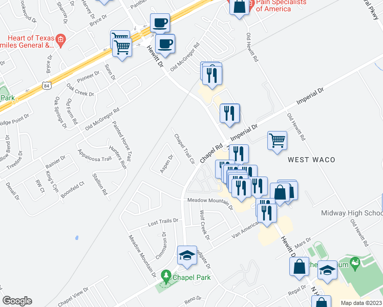 map of restaurants, bars, coffee shops, grocery stores, and more near 301 Chapel Trail Circle in Waco