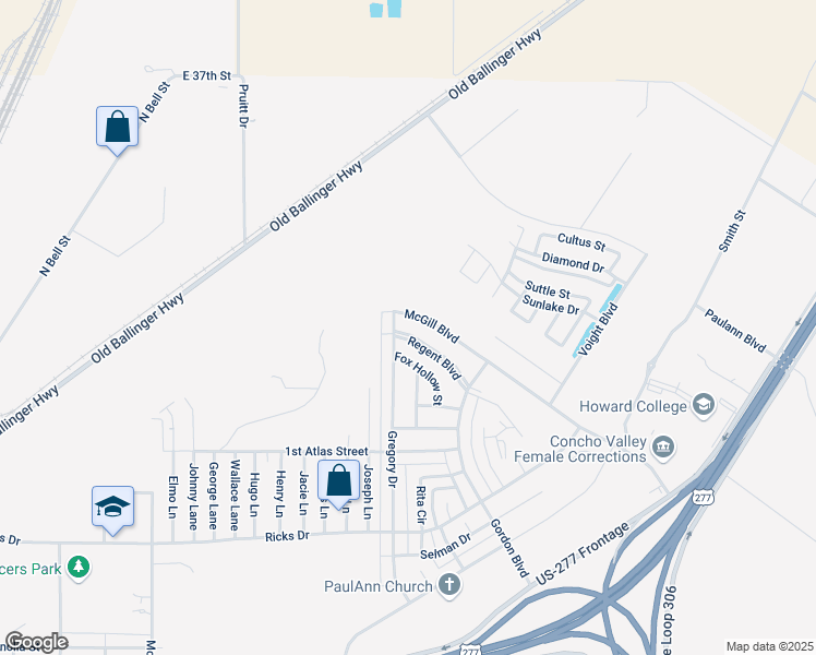 map of restaurants, bars, coffee shops, grocery stores, and more near 3357-3399 McGill Boulevard in San Angelo