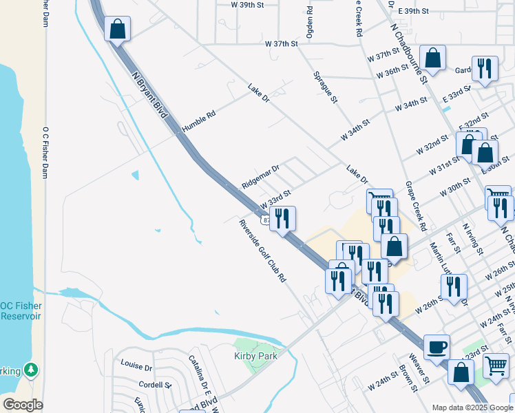 map of restaurants, bars, coffee shops, grocery stores, and more near 3302 North Bryant Boulevard in San Angelo