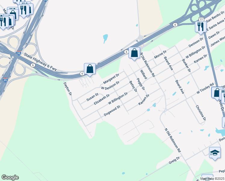 map of restaurants, bars, coffee shops, grocery stores, and more near 712 West Denison Drive in Robinson