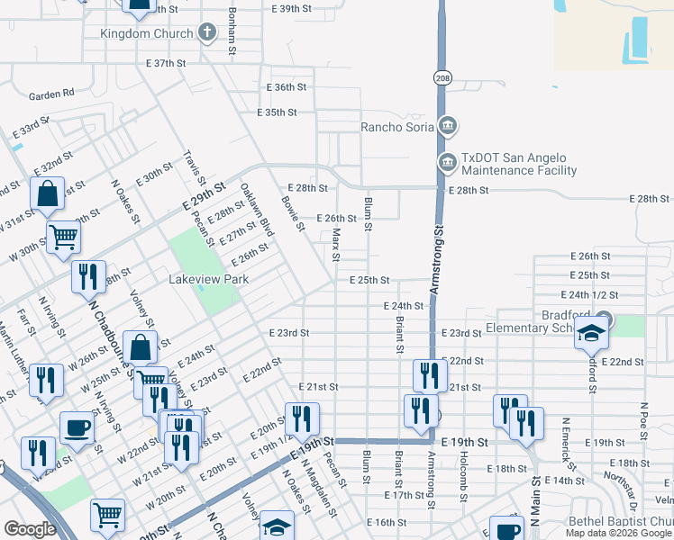 map of restaurants, bars, coffee shops, grocery stores, and more near Marx Street in San Angelo