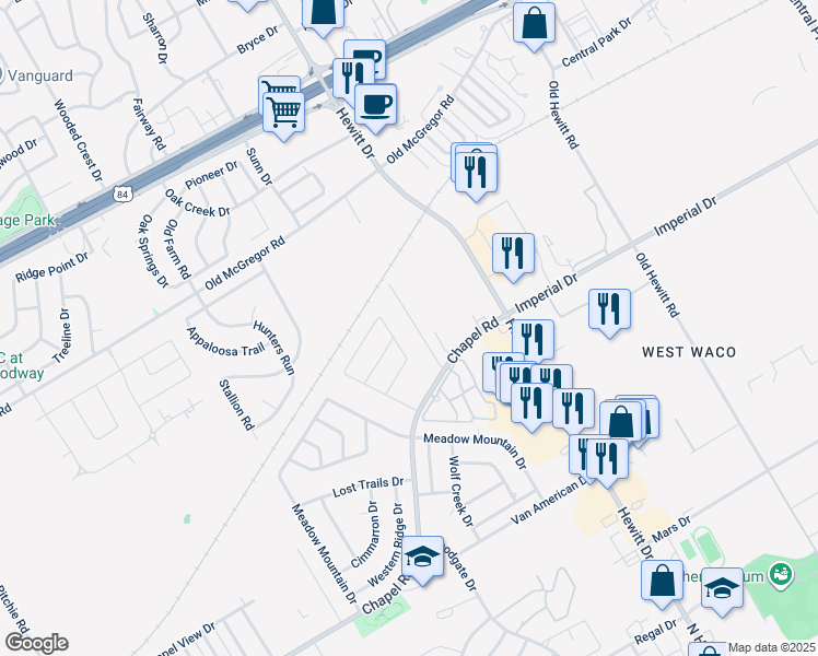 map of restaurants, bars, coffee shops, grocery stores, and more near 400 Chapel Trail Circle in Waco