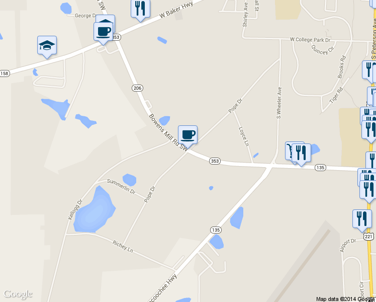 map of restaurants, bars, coffee shops, grocery stores, and more near 1500 Pope Dr in Douglas