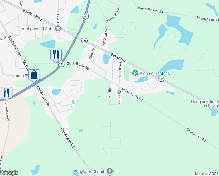 map of restaurants, bars, coffee shops, grocery stores, and more near 1236 Old Bell Lake Road in Douglas
