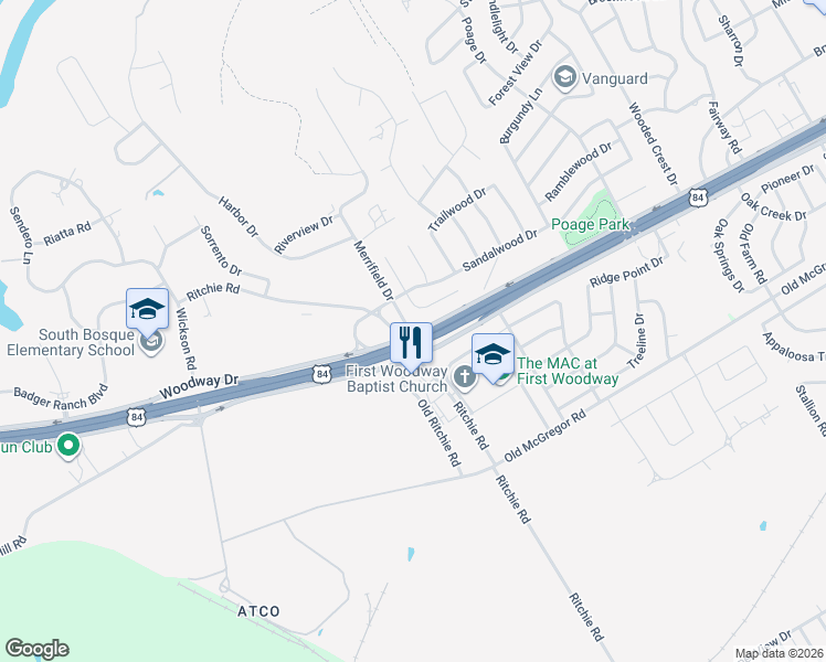 map of restaurants, bars, coffee shops, grocery stores, and more near 207 Westlane Circle in Waco