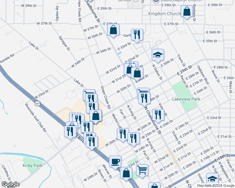 map of restaurants, bars, coffee shops, grocery stores, and more near 2926 North Irving Street in San Angelo
