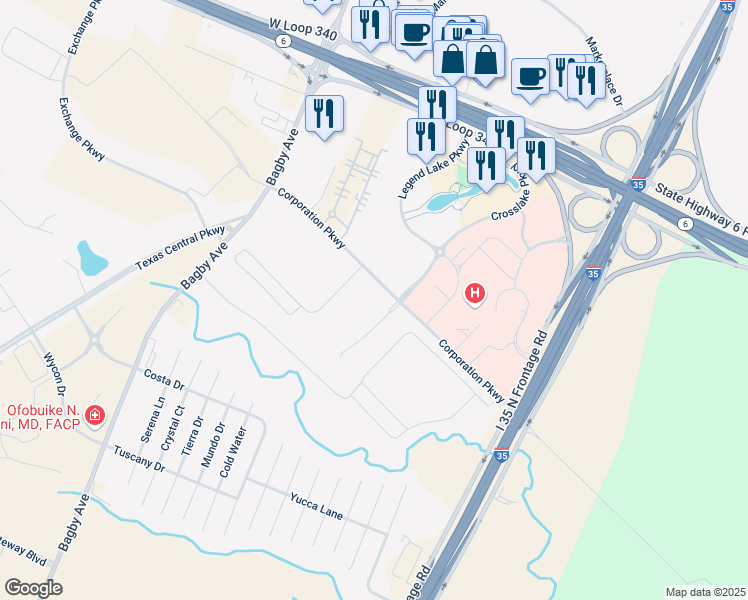 map of restaurants, bars, coffee shops, grocery stores, and more near 5901 Crosslake Parkway in Waco
