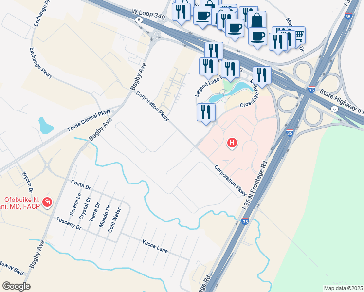 map of restaurants, bars, coffee shops, grocery stores, and more near 5901 Crosslake Parkway in Waco