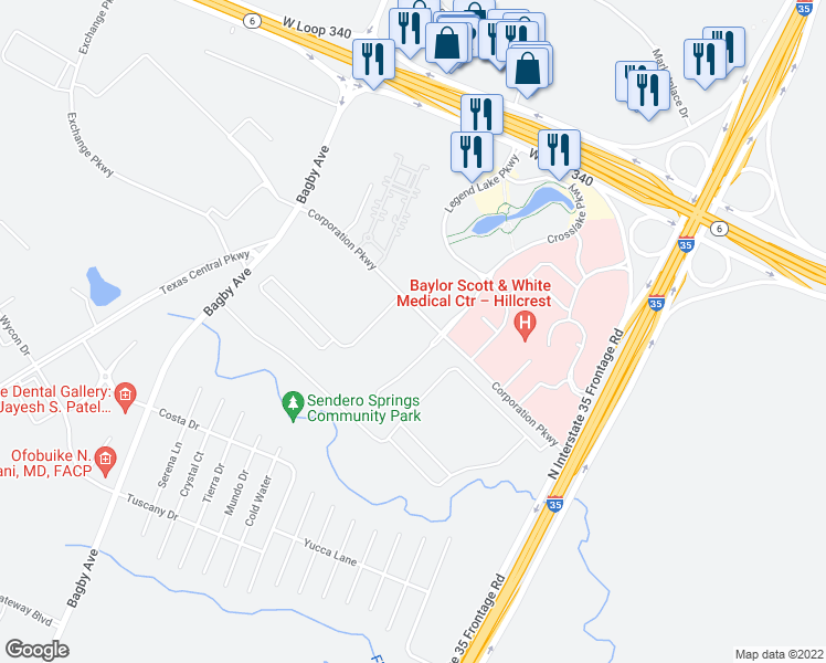 map of restaurants, bars, coffee shops, grocery stores, and more near 5901 Crosslake Parkway in Waco