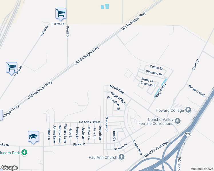 map of restaurants, bars, coffee shops, grocery stores, and more near 3357 McGill Boulevard in San Angelo