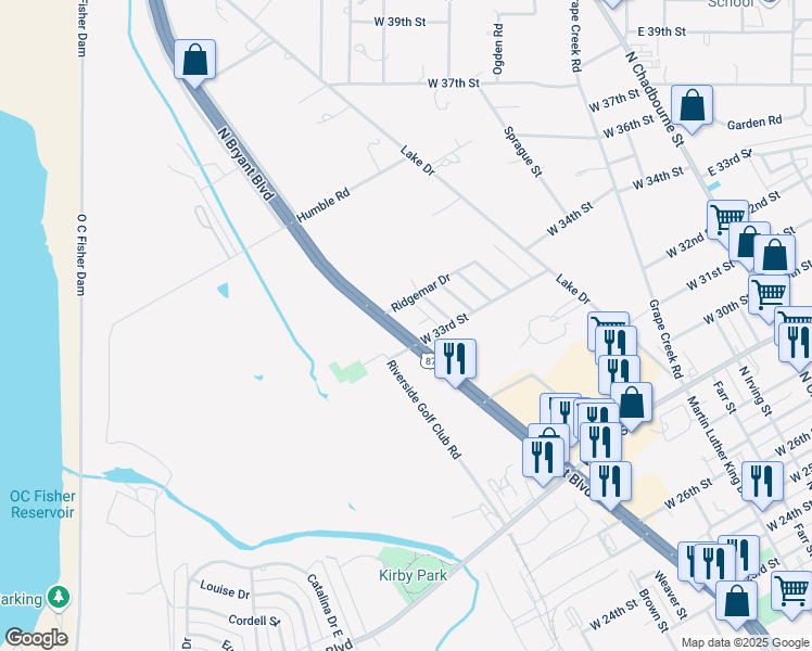 map of restaurants, bars, coffee shops, grocery stores, and more near 3302 North Bryant Boulevard in San Angelo