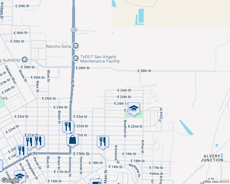 map of restaurants, bars, coffee shops, grocery stores, and more near 1121 East 26th Street in San Angelo
