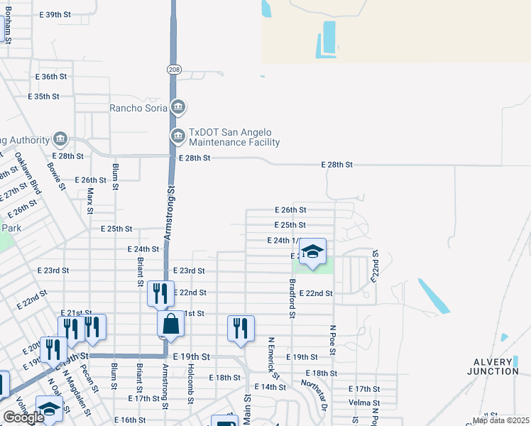 map of restaurants, bars, coffee shops, grocery stores, and more near 1121 East 26th Street in San Angelo