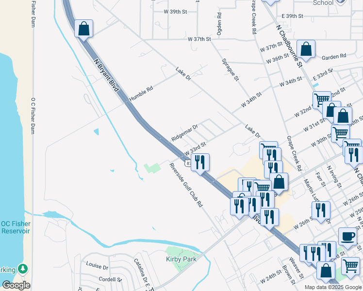 map of restaurants, bars, coffee shops, grocery stores, and more near 3302 North Bryant Boulevard in San Angelo