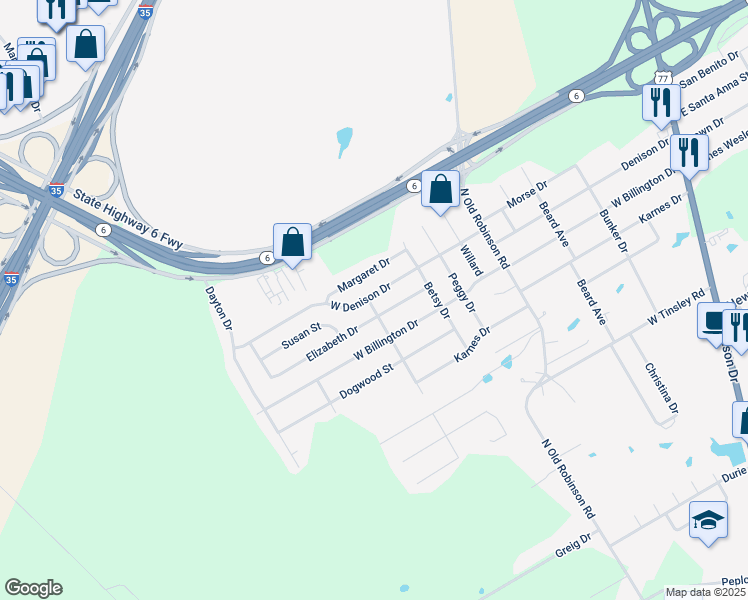 map of restaurants, bars, coffee shops, grocery stores, and more near 712 West Denison Drive in Robinson