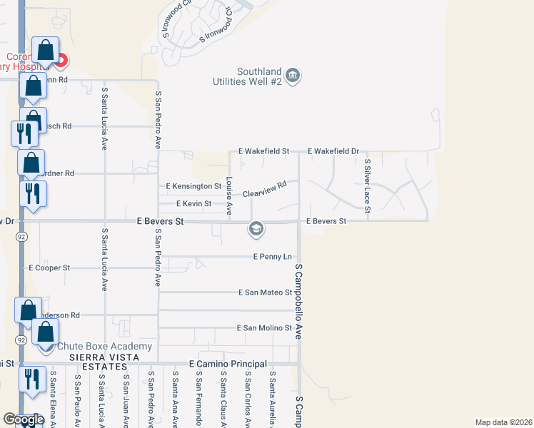 map of restaurants, bars, coffee shops, grocery stores, and more near 5120 Campini Court in Sierra Vista
