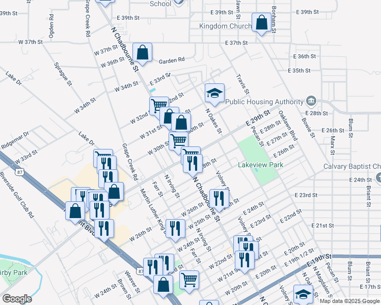 map of restaurants, bars, coffee shops, grocery stores, and more near 8 East 29th Street in San Angelo