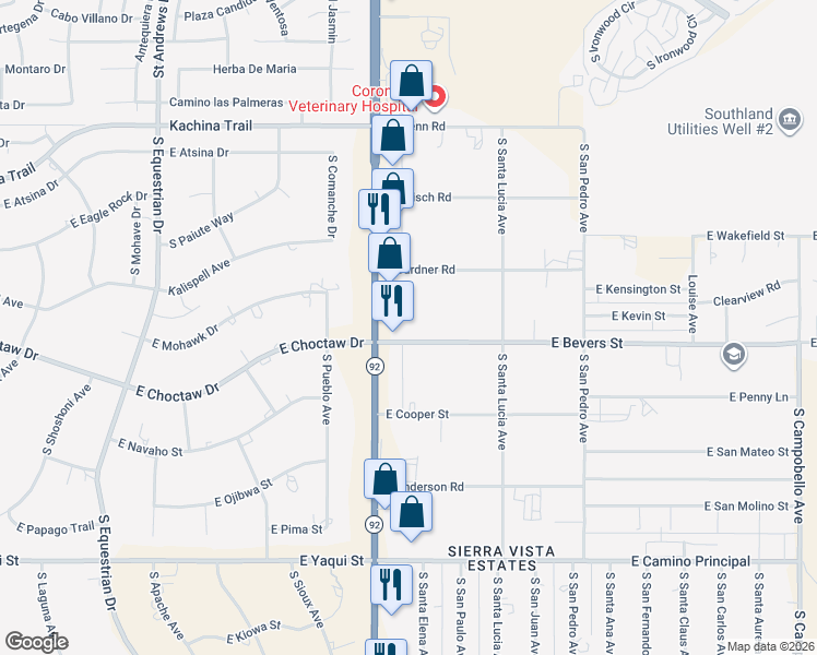 map of restaurants, bars, coffee shops, grocery stores, and more near 4105 East Bevers Street in Sierra Vista