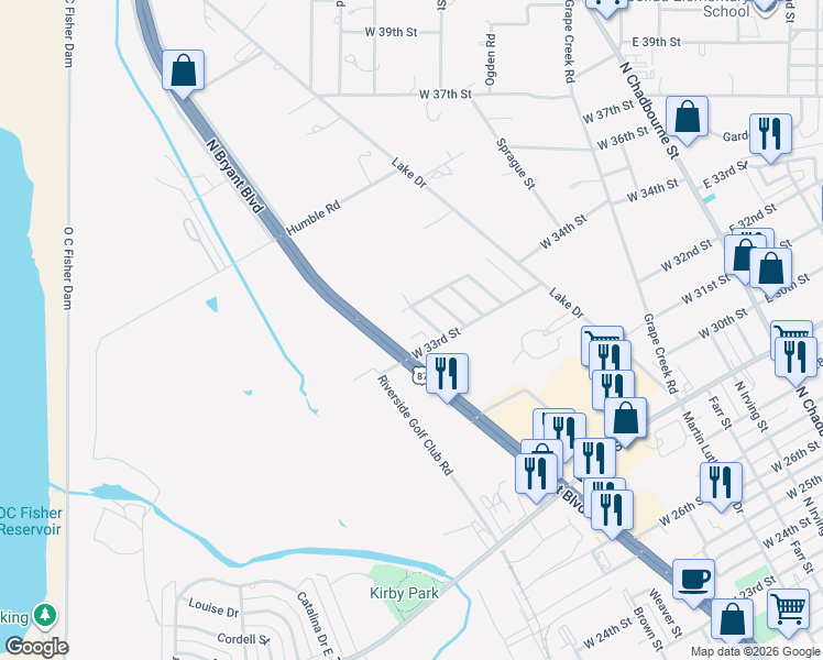 map of restaurants, bars, coffee shops, grocery stores, and more near 3302 North Bryant Boulevard in San Angelo