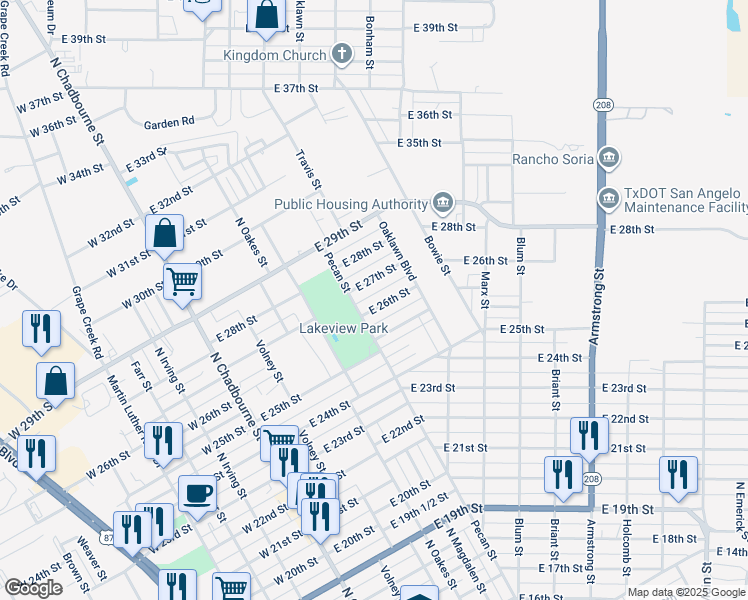 map of restaurants, bars, coffee shops, grocery stores, and more near 345 East 26th Street in San Angelo
