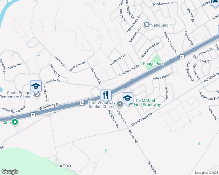 map of restaurants, bars, coffee shops, grocery stores, and more near 207 Westlane Circle in Waco