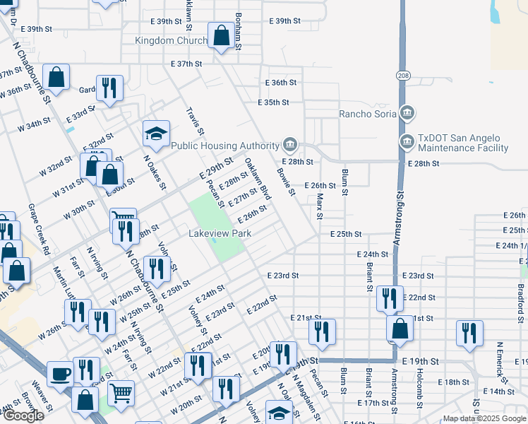 map of restaurants, bars, coffee shops, grocery stores, and more near 345 East 26th Street in San Angelo