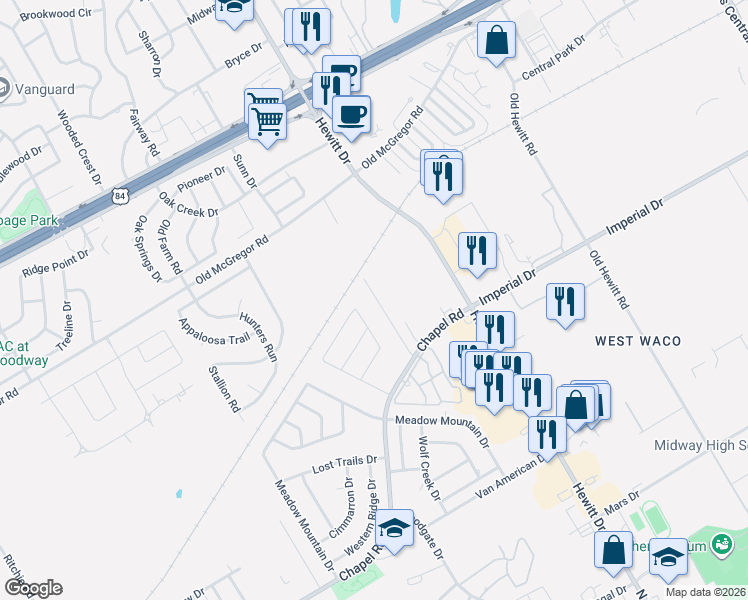 map of restaurants, bars, coffee shops, grocery stores, and more near 705 Telluride Drive in Waco