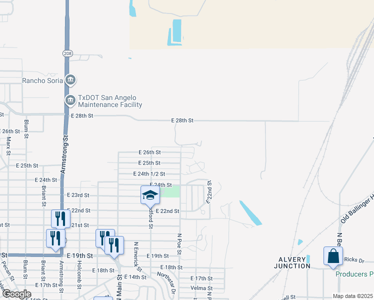 map of restaurants, bars, coffee shops, grocery stores, and more near E 26th St in San Angelo