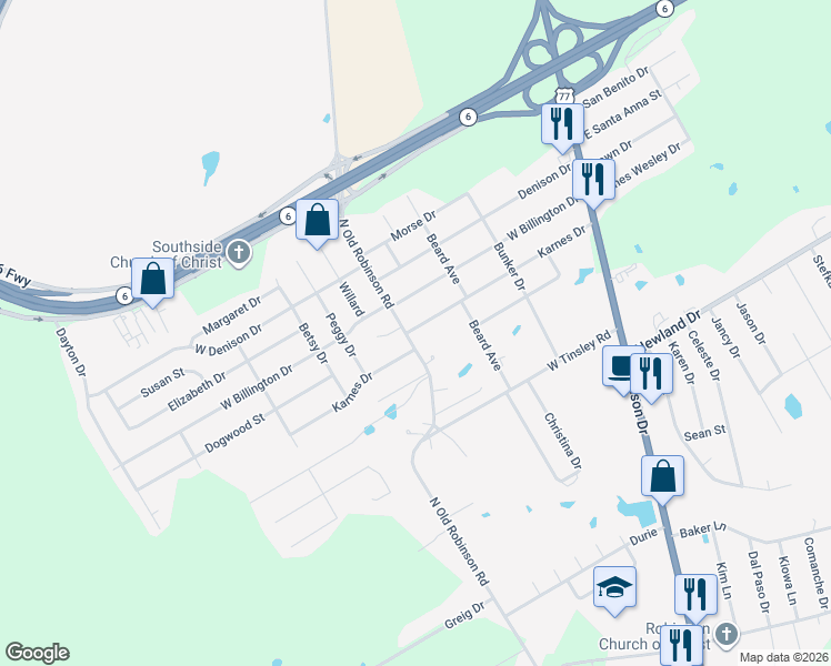 map of restaurants, bars, coffee shops, grocery stores, and more near 819 North Old Robinson Road in Robinson