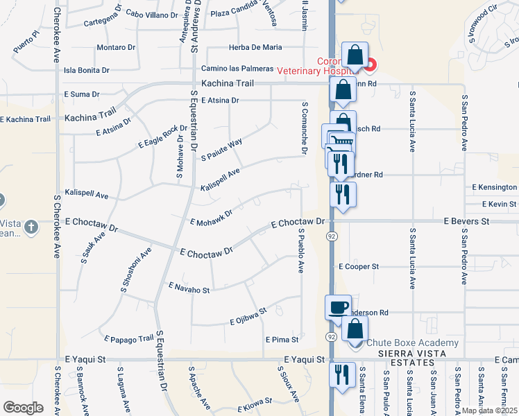 map of restaurants, bars, coffee shops, grocery stores, and more near 3554 East Mohawk Drive in Sierra Vista