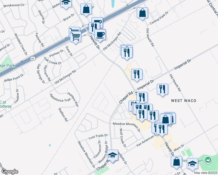 map of restaurants, bars, coffee shops, grocery stores, and more near 501 Chapel Trail Circle in Waco