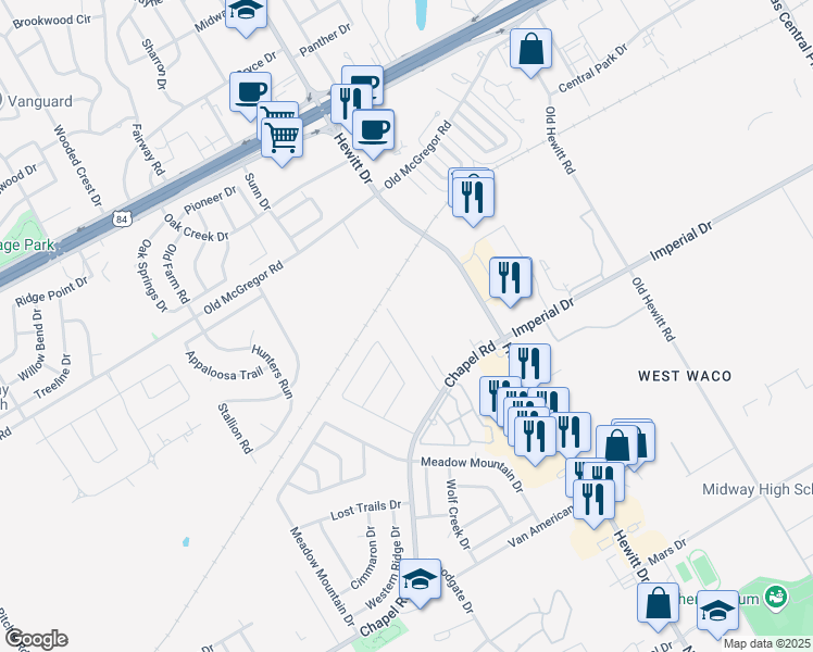 map of restaurants, bars, coffee shops, grocery stores, and more near 501 Chapel Trail Circle in Waco