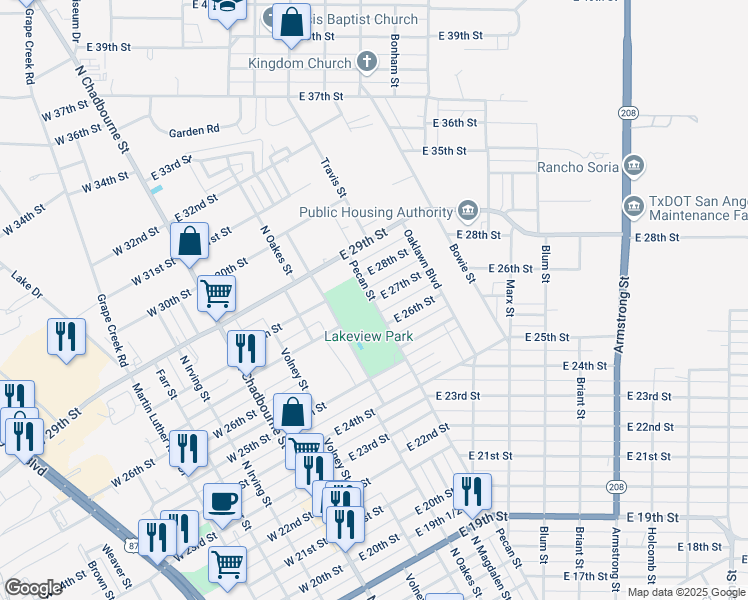 map of restaurants, bars, coffee shops, grocery stores, and more near 300 East 27th Street in San Angelo