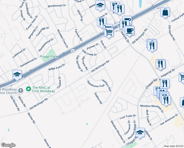 map of restaurants, bars, coffee shops, grocery stores, and more near 125 Appaloosa Trail in Waco