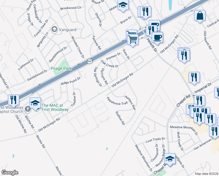 map of restaurants, bars, coffee shops, grocery stores, and more near 9736 Old McGregor Road in Woodway