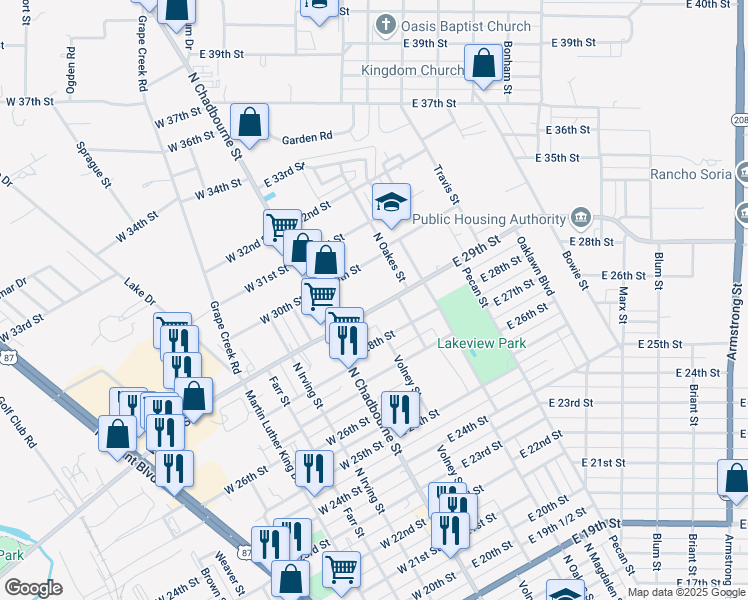 map of restaurants, bars, coffee shops, grocery stores, and more near 22 East 29th Street in San Angelo
